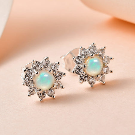 Ethiopian Welo Opal, Natural Zircon Halo Earrings with Push Back in Platinum Overlay Sterling Silver 7571990 2