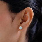 Ethiopian Welo Opal & Natural Zircon Stud Floral Earrings with Push Back in Platinum Overlay Sterling Silver