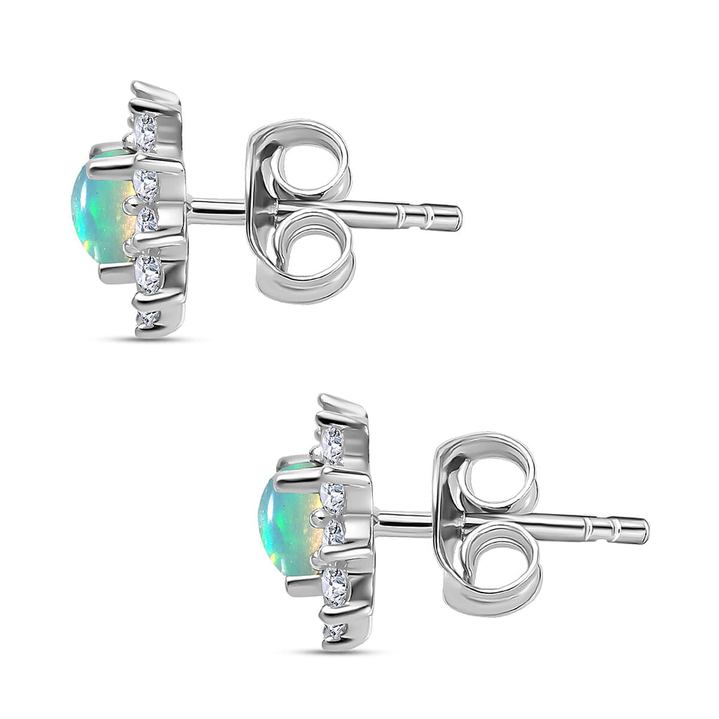 Ethiopian Welo Opal & Natural Zircon Stud Floral Earrings with Push Back in Platinum Overlay Sterling Silver