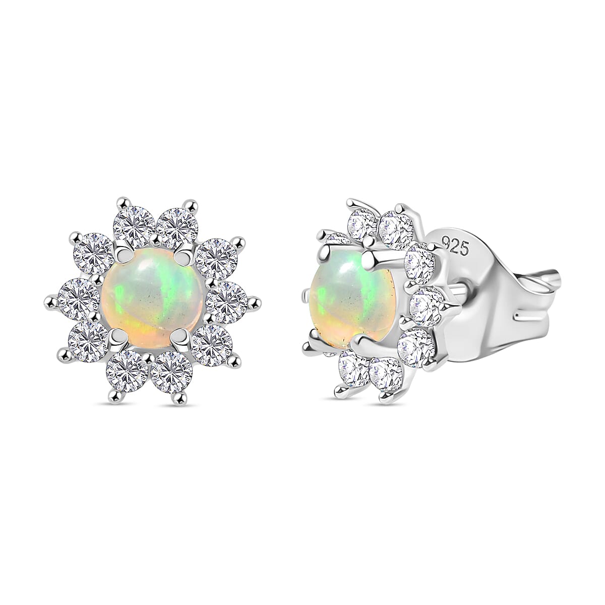 Ethiopian Opal &amp; White Zircon Sunburst Halo Earring in Sterling Silver 8197280 0