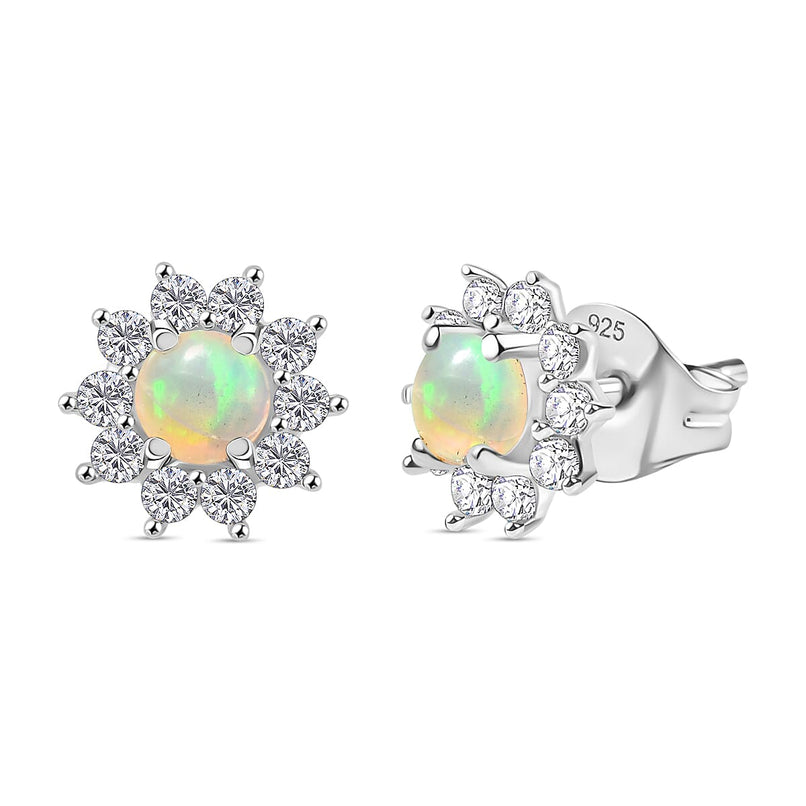 Ethiopian Opal & White Zircon Sunburst Halo Earring in Sterling Silver