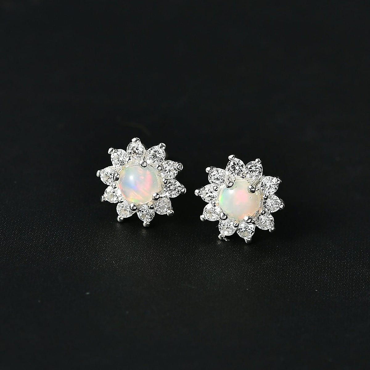 Ethiopian Opal &amp; White Zircon Sunburst Halo Earring in Sterling Silver 8197280 2