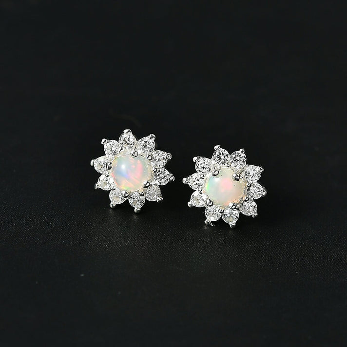 Ethiopian Opal &amp; White Zircon Sunburst Halo Earring in Sterling Silver 8197280 2