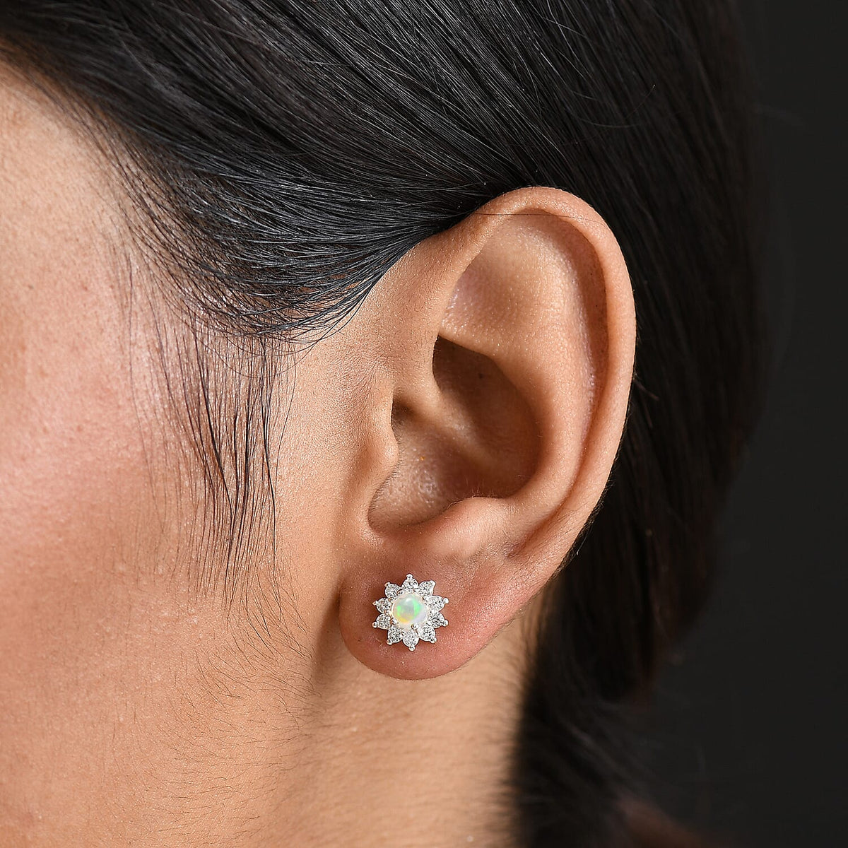 Ethiopian Opal &amp; White Zircon Sunburst Halo Earring in Sterling Silver 8197280 3