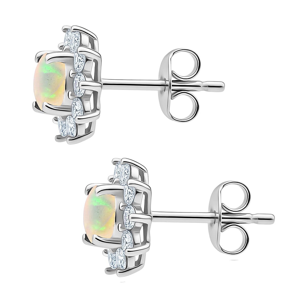 Ethiopian Opal &amp; White Zircon Sunburst Halo Earring in Sterling Silver 8197280 4