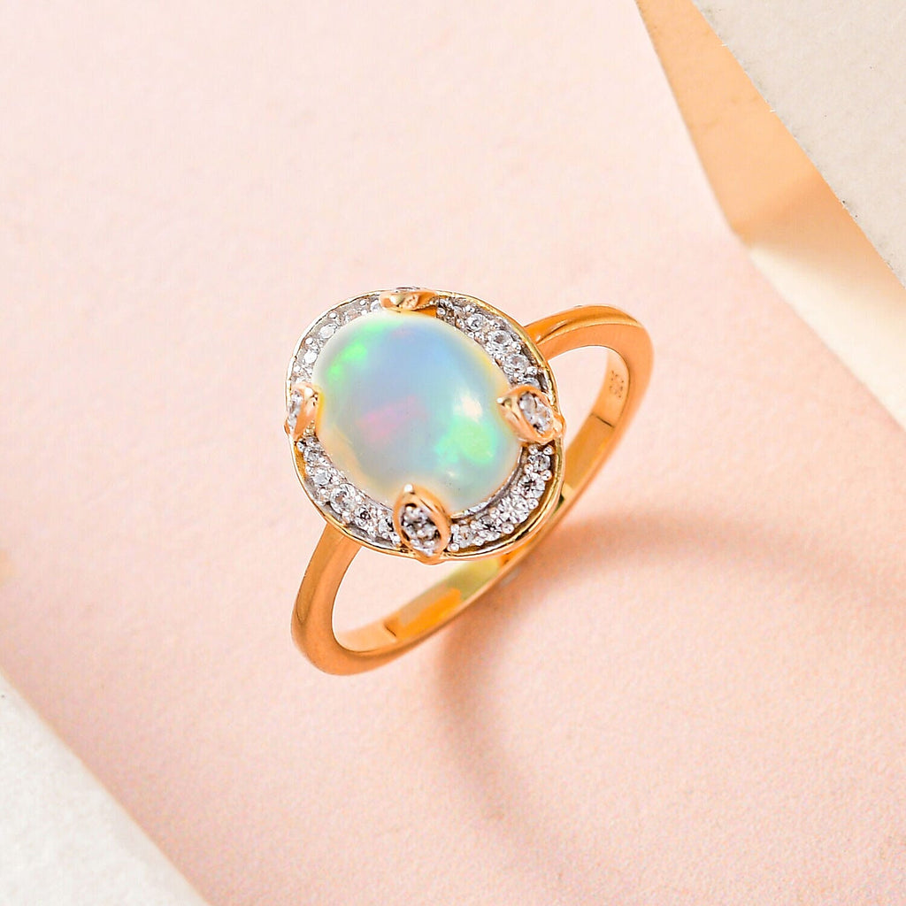 Ethiopian Welo Opal and Natural Zircon Ring in 18K Yellow Gold Vermeil Plated Sterling Silver 2.12 Ct.