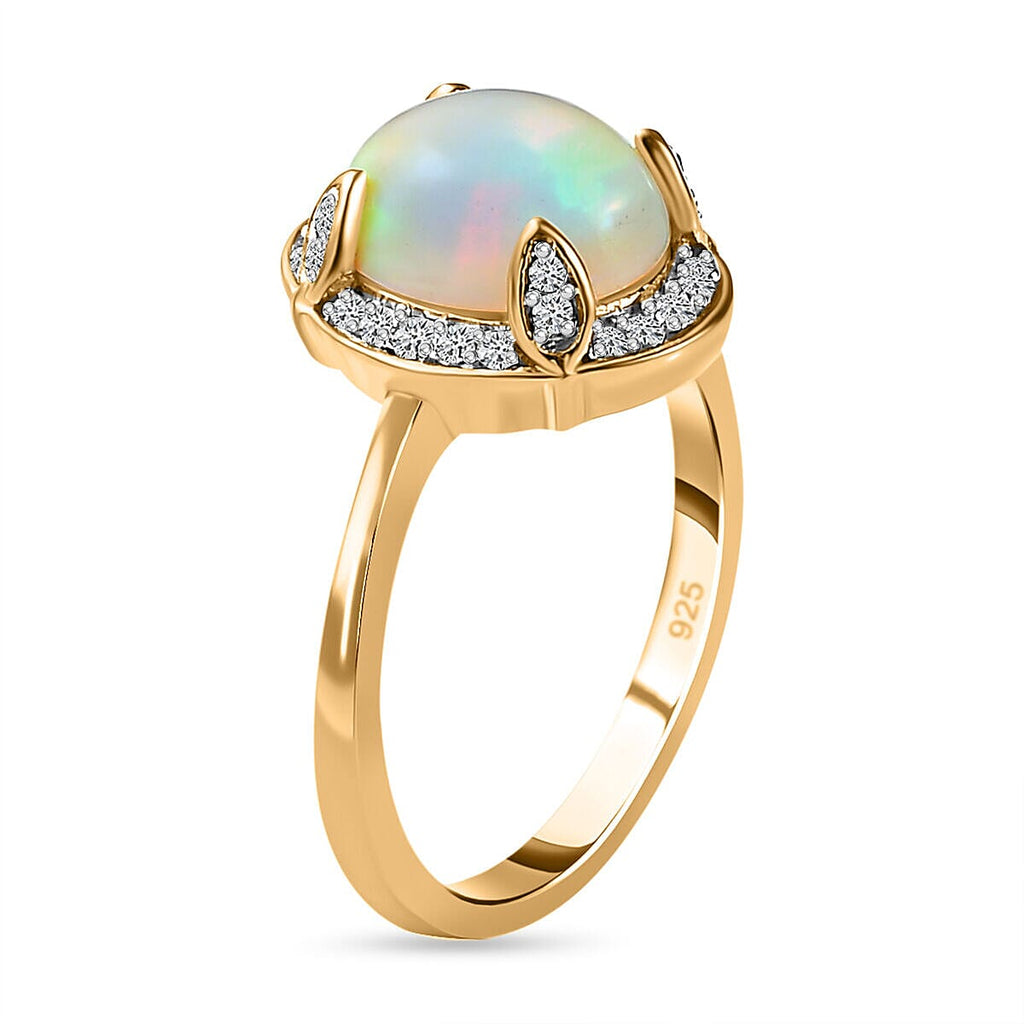 Ethiopian Welo Opal and Natural Zircon Ring in 18K Yellow Gold Vermeil Plated Sterling Silver 2.12 Ct.