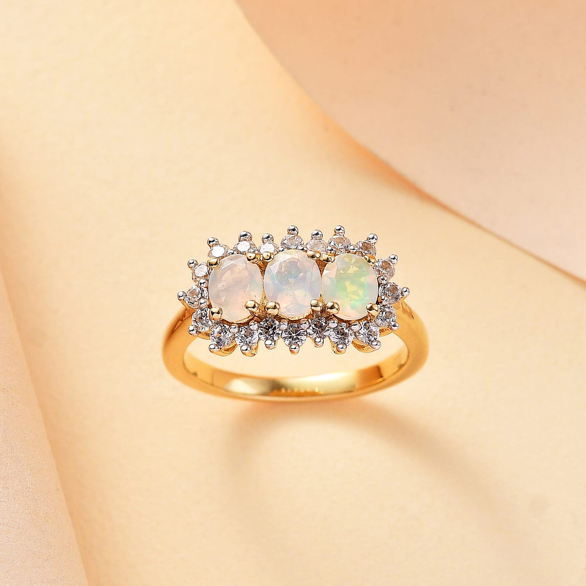 Ethiopian Opal, White Zircon 3-Stone Halo Ring in 18K Vermeil Yellow Gold Plated Sterling Silver 7928060 1
