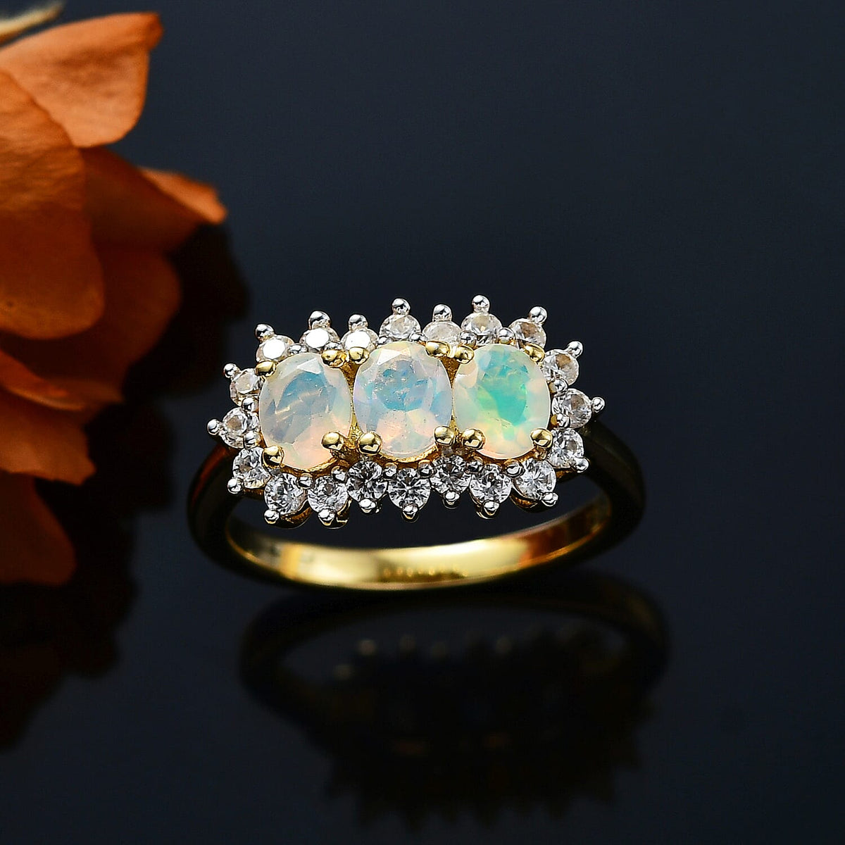 Ethiopian Opal, White Zircon 3-Stone Halo Ring in 18K Vermeil Yellow Gold Plated Sterling Silver 7928060 2