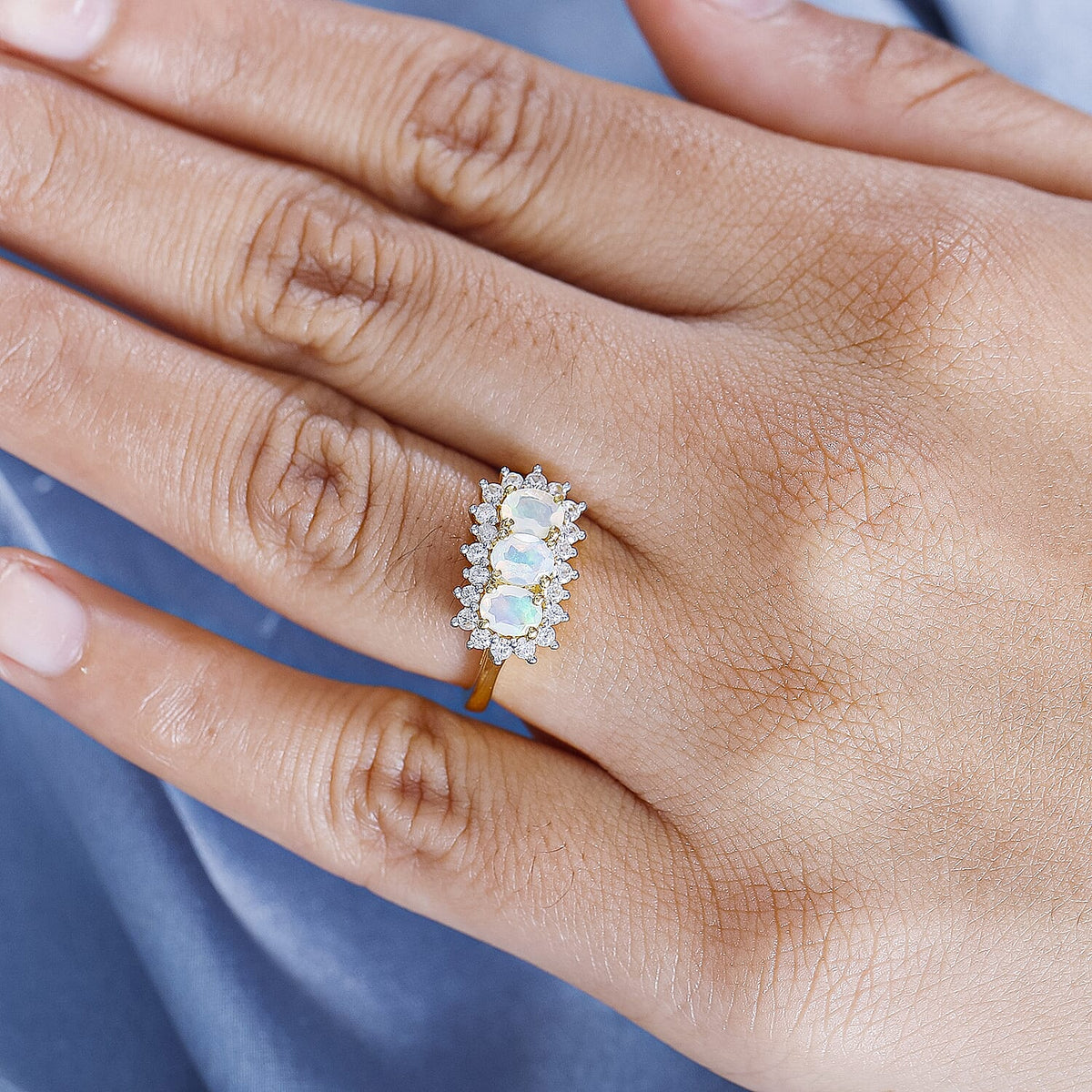 Ethiopian Opal, White Zircon 3-Stone Halo Ring in 18K Vermeil Yellow Gold Plated Sterling Silver 7928060 3