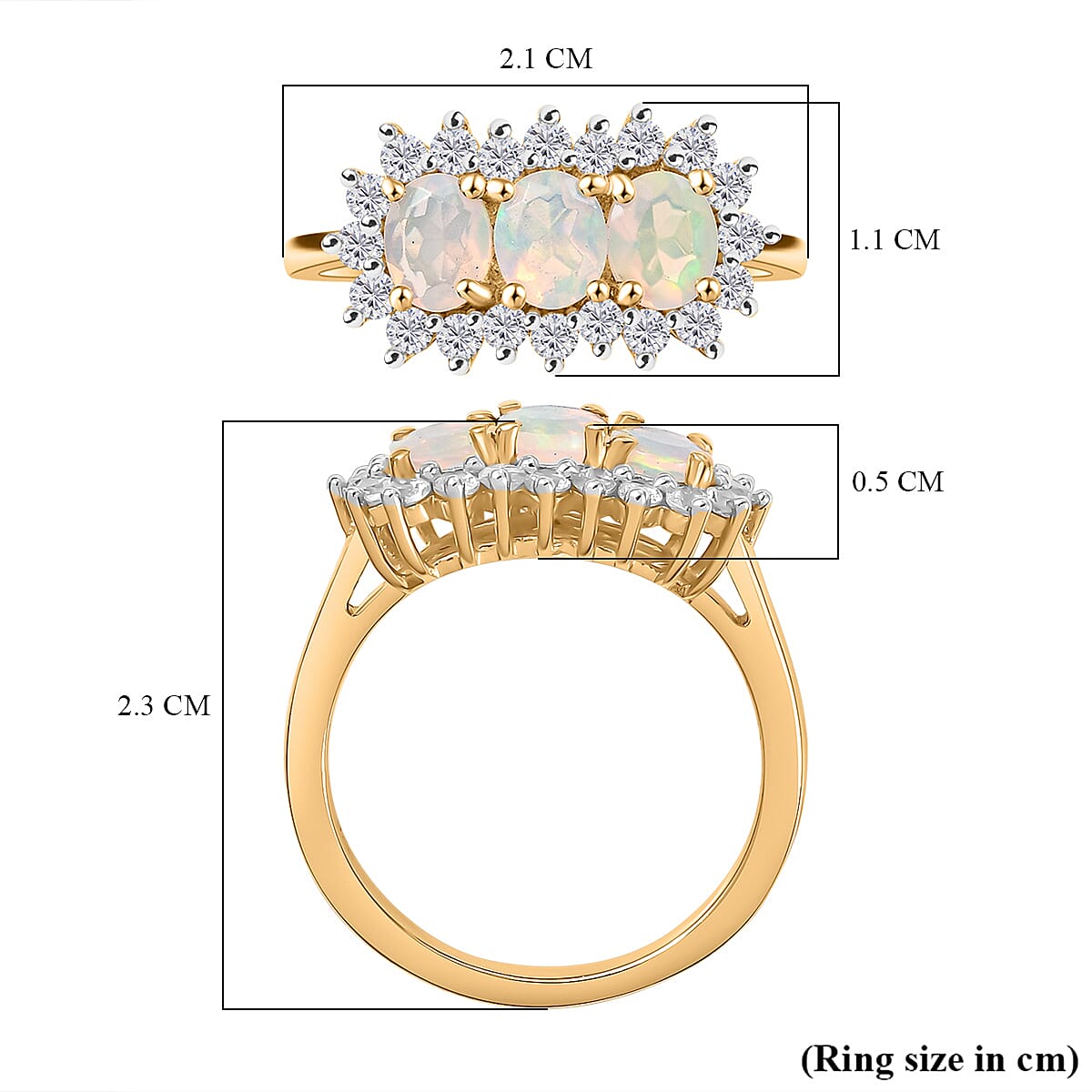 Ethiopian Opal, White Zircon 3-Stone Halo Ring in 18K Vermeil Yellow Gold Plated Sterling Silver 7928060 6