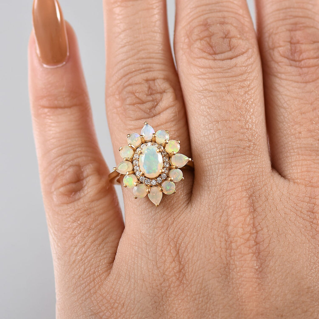 Ethiopian Faceted Opal & White Zircon Ring in 18K Vermeil Yellow Gold Plated Sterling Silver 1.65 Ct.