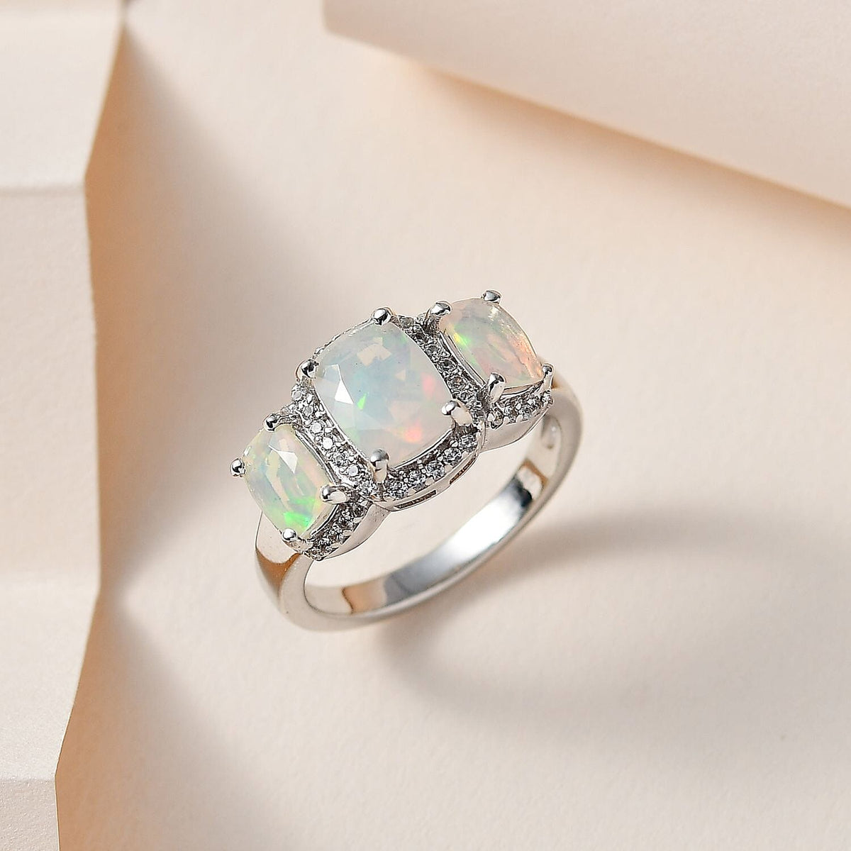 Ethiopian Welo Opal &amp; Natural Zircon Ring in Platinum Overlay Sterling Silver 2.00 Ct. 7722056 1