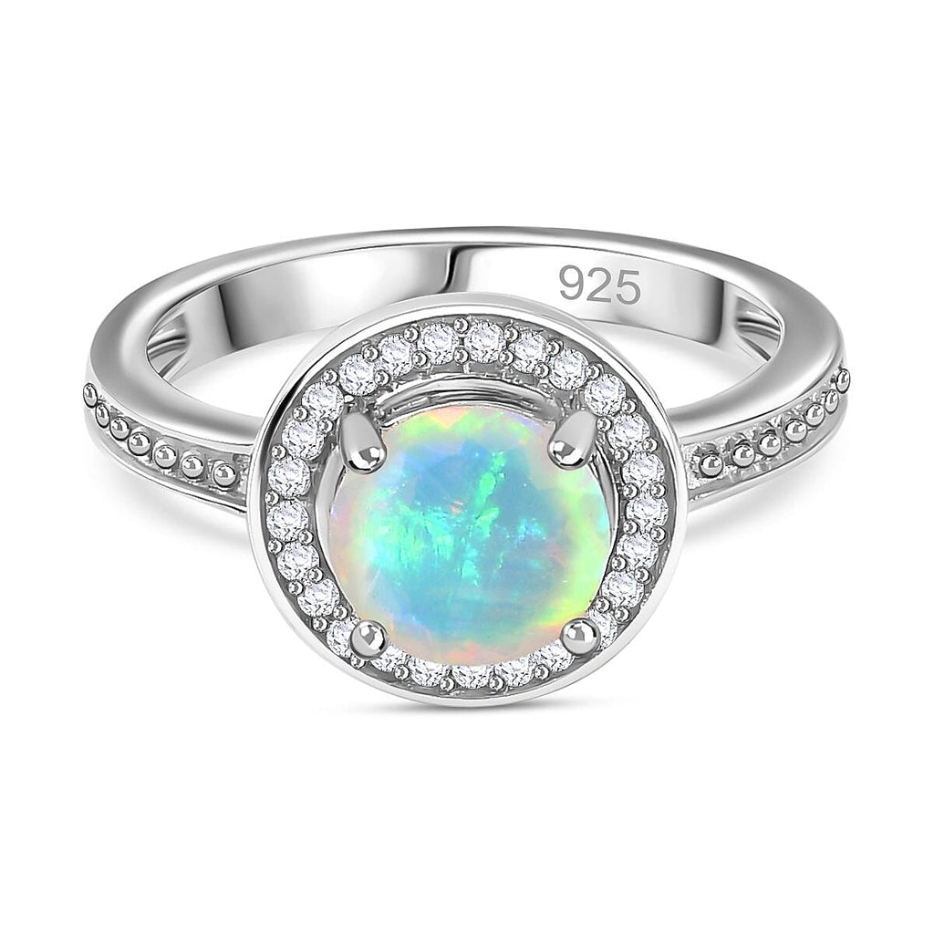 Ethiopian Welo Opal & Natural Zircon Ring in Platinum Overlay Sterling Silver 1.03 Ct