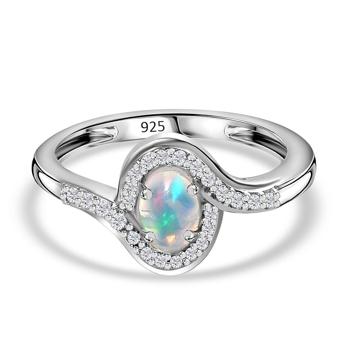 Ethiopian Welo Opal &amp; Natural Zircon Bypass Ring in Platinum Overlay Sterling Silver 7774068 0
