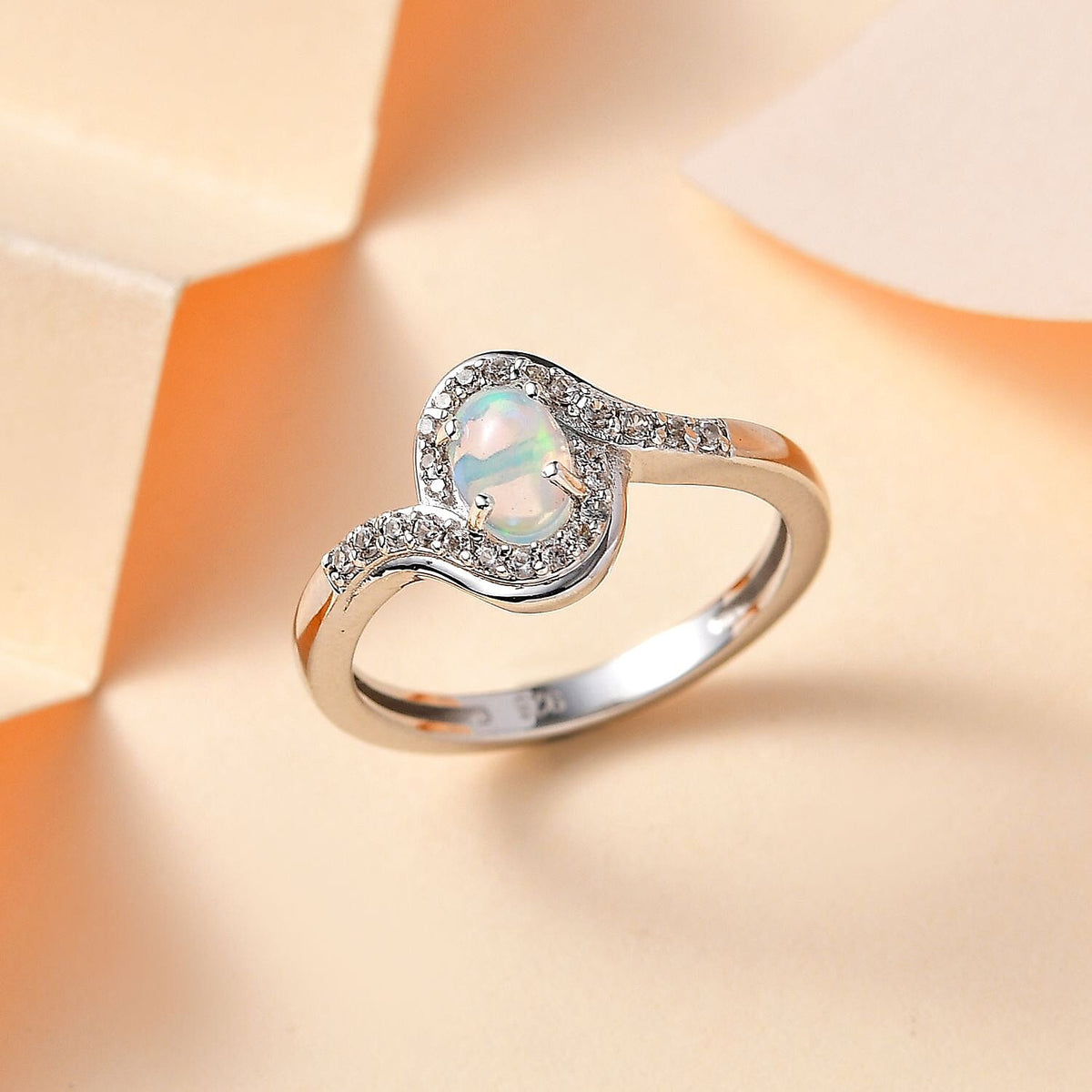 Ethiopian Welo Opal &amp; Natural Zircon Bypass Ring in Platinum Overlay Sterling Silver 7774068 1