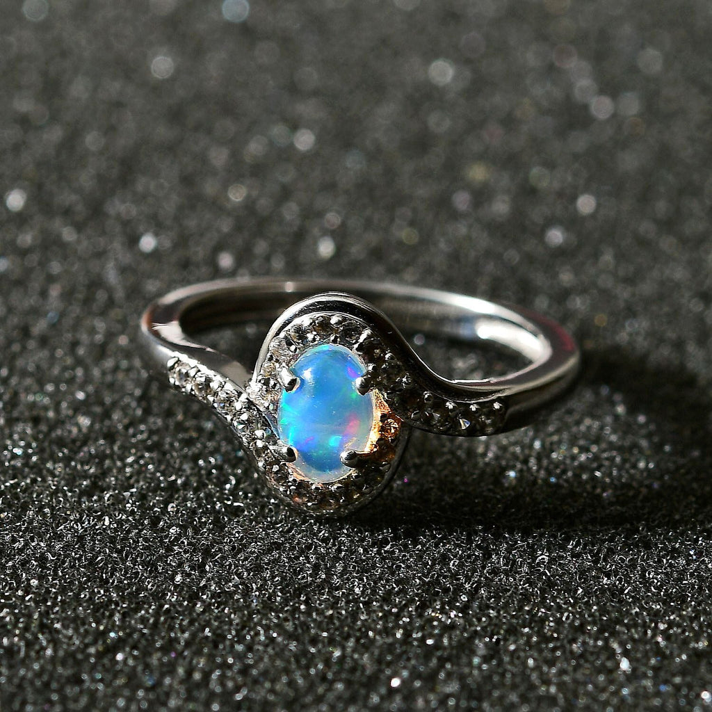 Ethiopian Welo Opal & Natural Zircon Bypass Ring in Platinum Overlay Sterling Silver