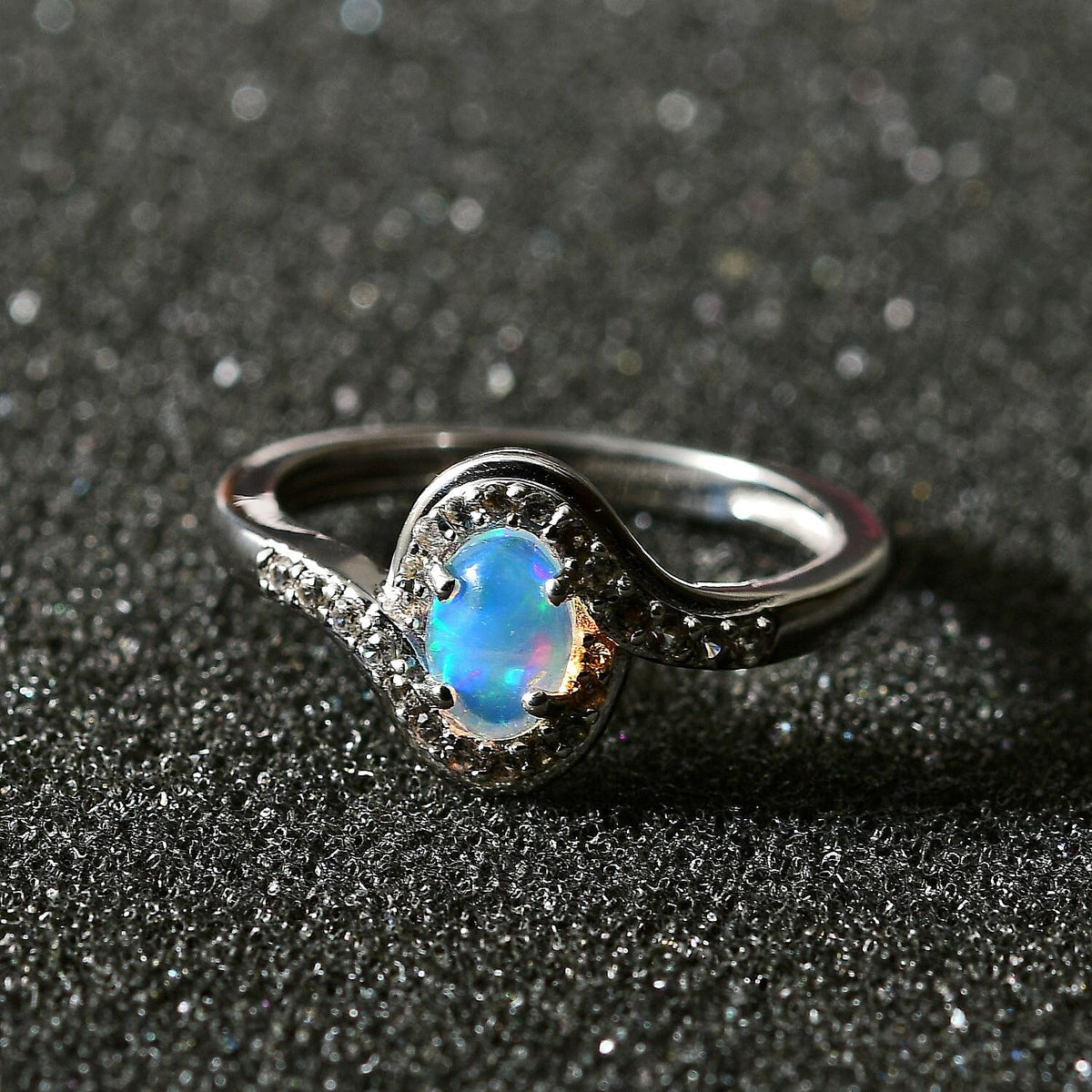 Ethiopian Welo Opal &amp; Natural Zircon Bypass Ring in Platinum Overlay Sterling Silver 7774068 2
