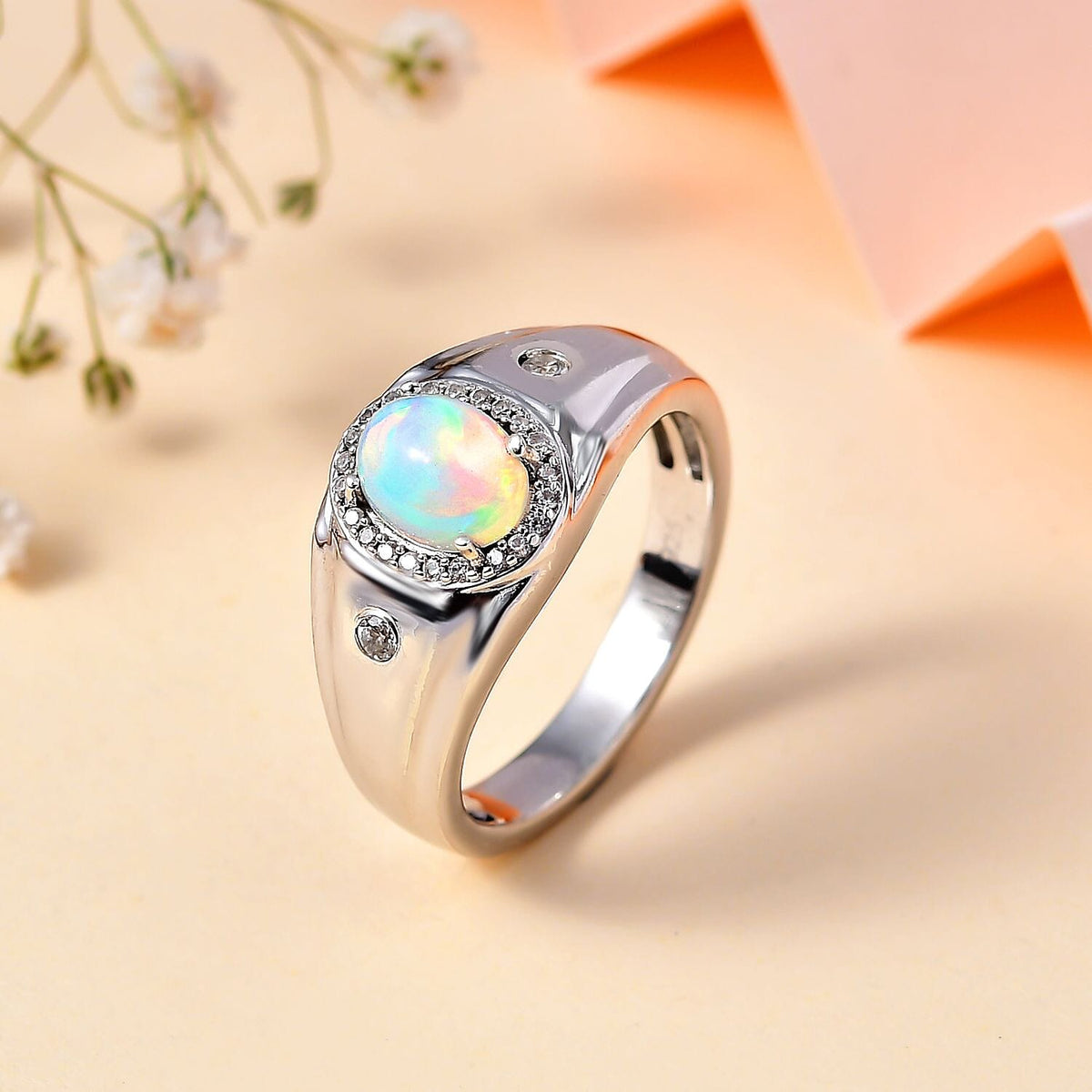 Ethiopian Opal, Natural Zircon Signet Halo Ring in Platinum Overlay Sterling Silver 1.09 Ct, Silver Wt. 7.6 Grams 7802864 4