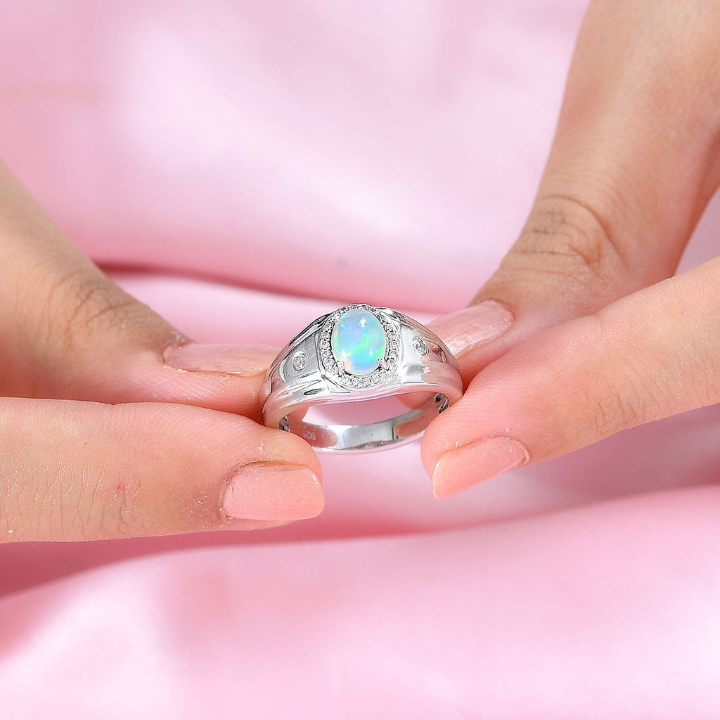 Ethiopian Opal, Natural Zircon Signet Ring in Platinum Overlay Sterling Silver 1.09 Ct, Silver Wt. 7.6 Grams
