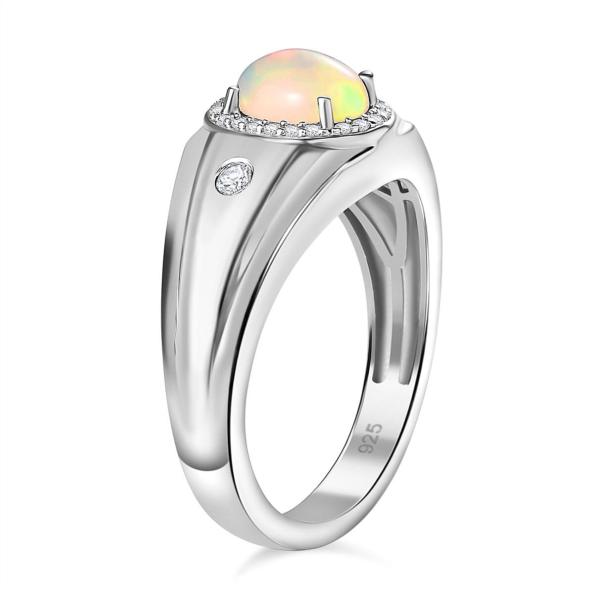 Ethiopian Opal, Natural Zircon Signet Halo Ring in Platinum Overlay Sterling Silver 1.09 Ct, Silver Wt. 7.6 Grams 7802864 10