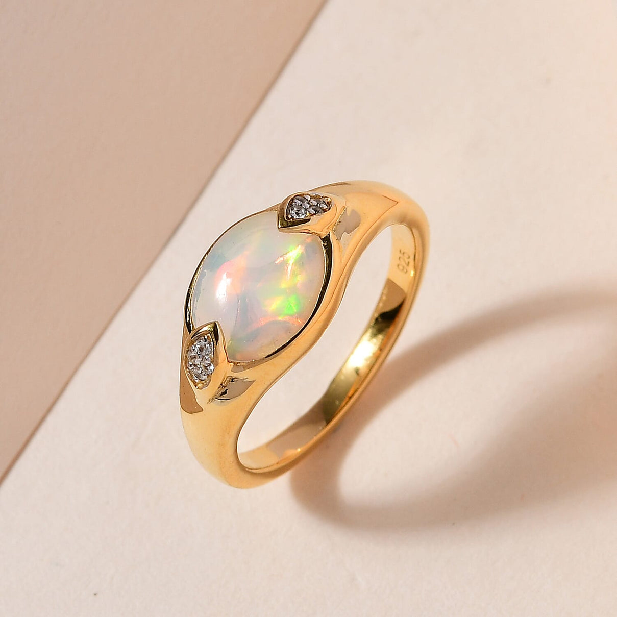 Ethiopian Welo Opal and Natural Zircon Ring in 18K Yellow Gold Vermeil Plated Sterling Silver 7566154 1