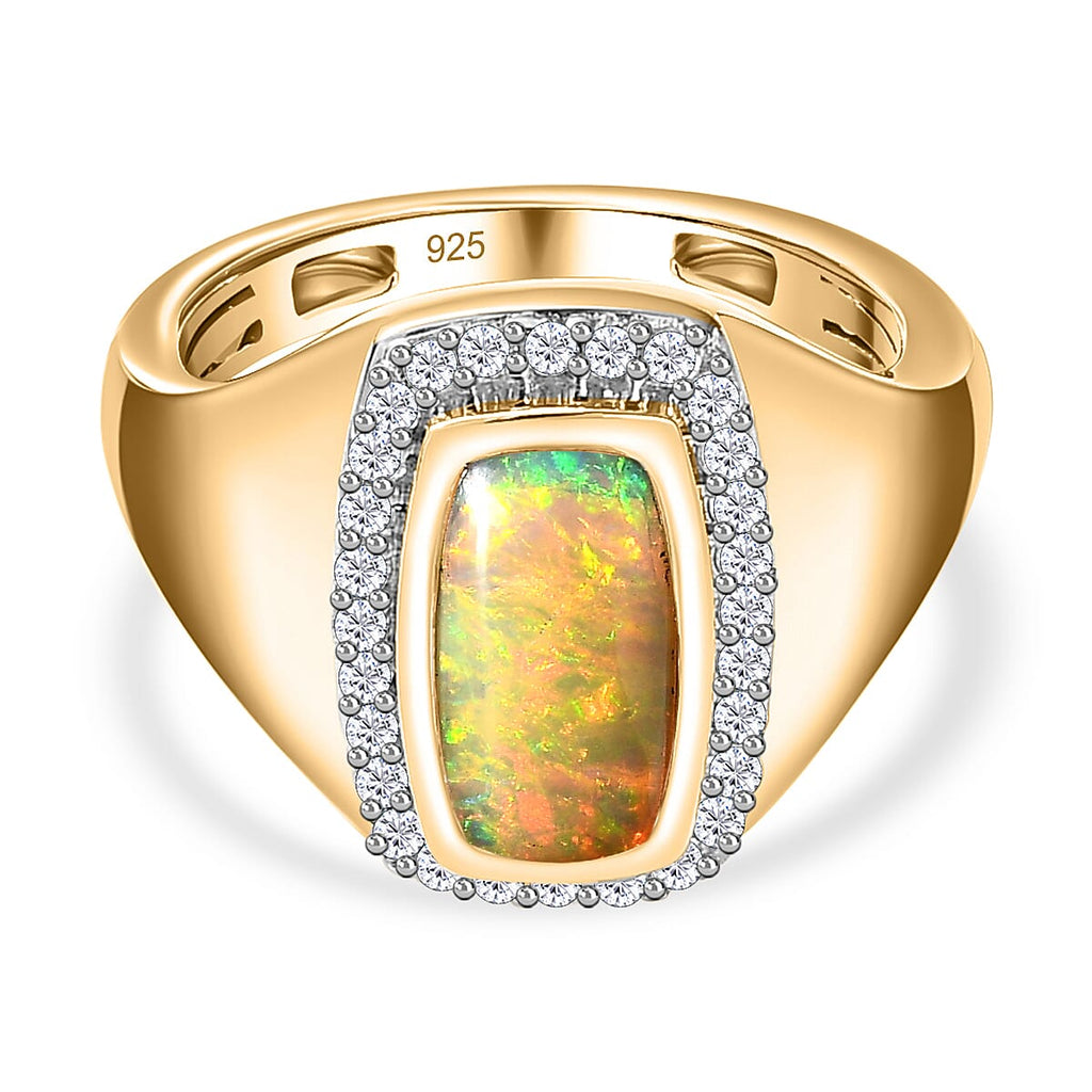 Ethiopian Welo Opal & Natural Zircon Mens Ring in 18K Vermeil YG Plated Sterling Silver 1.31 Ct, Silver Wt. 5.43 Gms