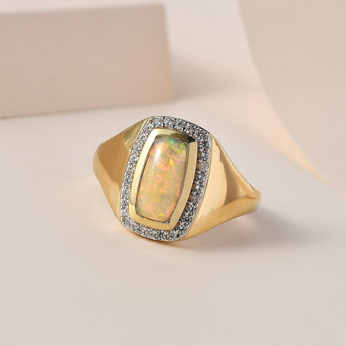 Ethiopian Opal And White Zircon Halo Ring in 18K Vermeil Yellow Gold Sterling Silver 1.43 ct, Silver Wt. 5 Gms 1.308 Ct. 7661158 2