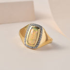 Ethiopian Welo Opal & Natural Zircon Mens Ring in 18K Vermeil YG Plated Sterling Silver 1.31 Ct, Silver Wt. 5.43 Gms