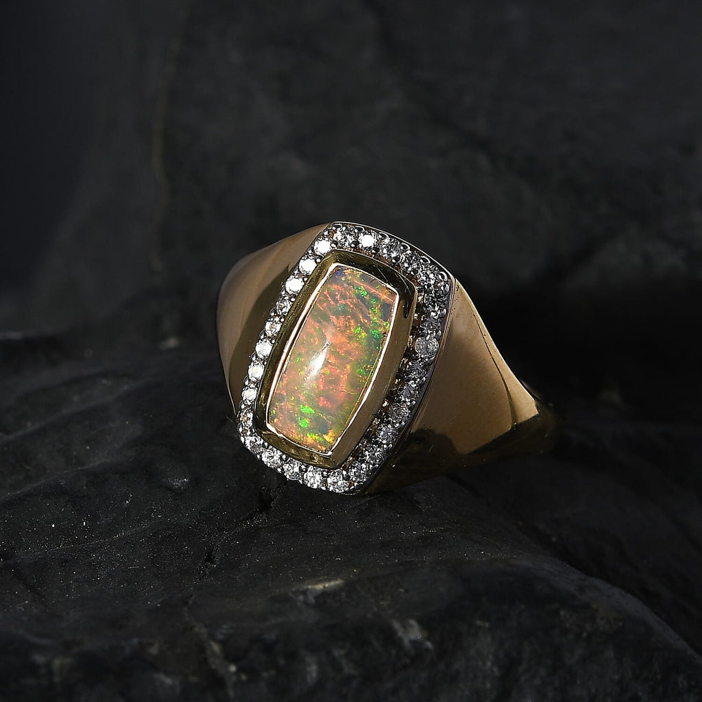 Ethiopian Welo Opal & Natural Zircon Mens Ring in 18K Vermeil YG Plated Sterling Silver 1.31 Ct, Silver Wt. 5.43 Gms