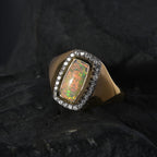 Ethiopian Welo Opal & Natural Zircon Mens Ring in 18K Vermeil YG Plated Sterling Silver 1.31 Ct, Silver Wt. 5.43 Gms