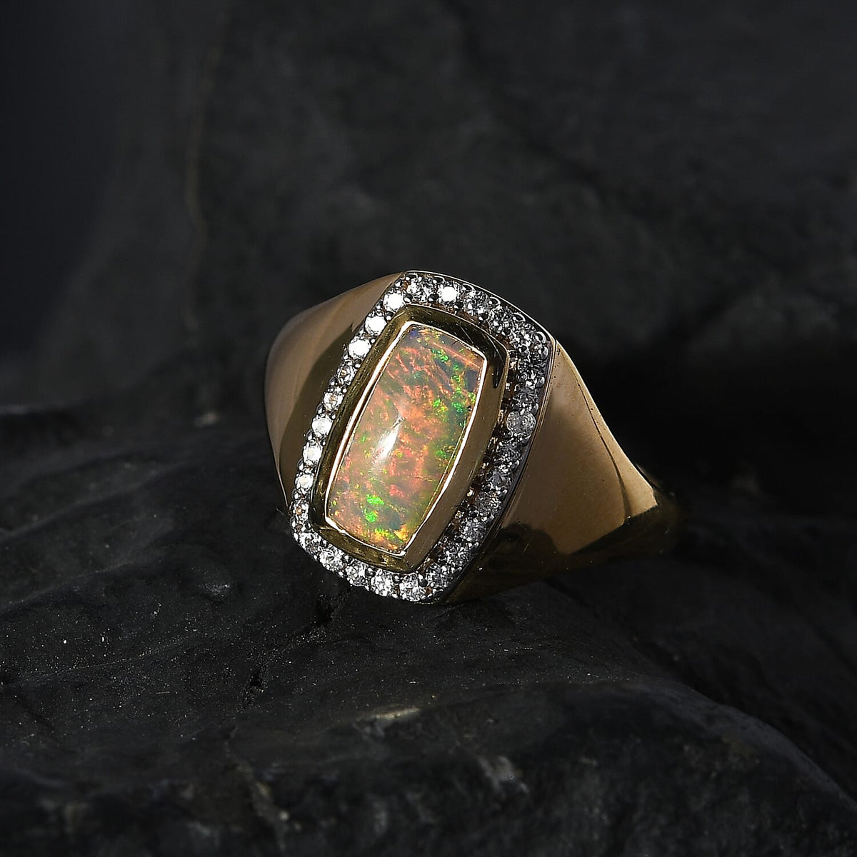Ethiopian Opal And White Zircon Halo Ring in 18K Vermeil Yellow Gold Sterling Silver 1.43 ct, Silver Wt. 5 Gms 1.308 Ct. 7661158 3