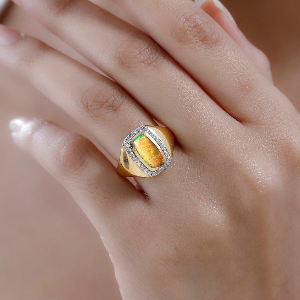 Ethiopian Welo Opal & Natural Zircon Mens Ring in 18K Vermeil YG Plated Sterling Silver 1.31 Ct, Silver Wt. 5.43 Gms