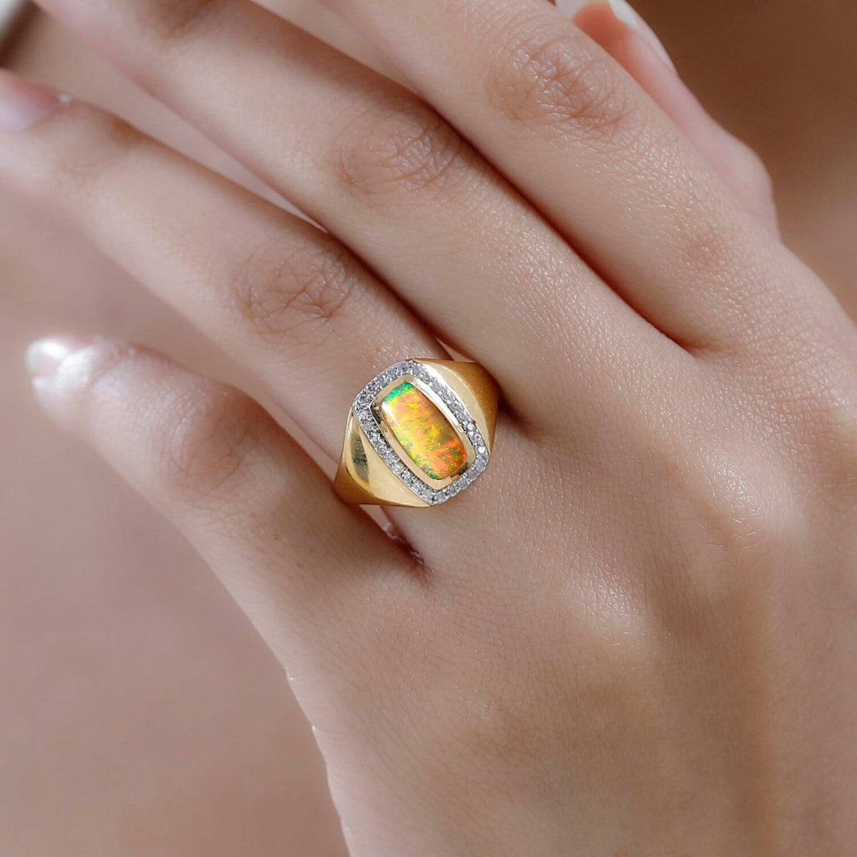 Ethiopian Opal And White Zircon Halo Ring in 18K Vermeil Yellow Gold Sterling Silver 1.43 ct, Silver Wt. 5 Gms 1.308 Ct. 7661158 4