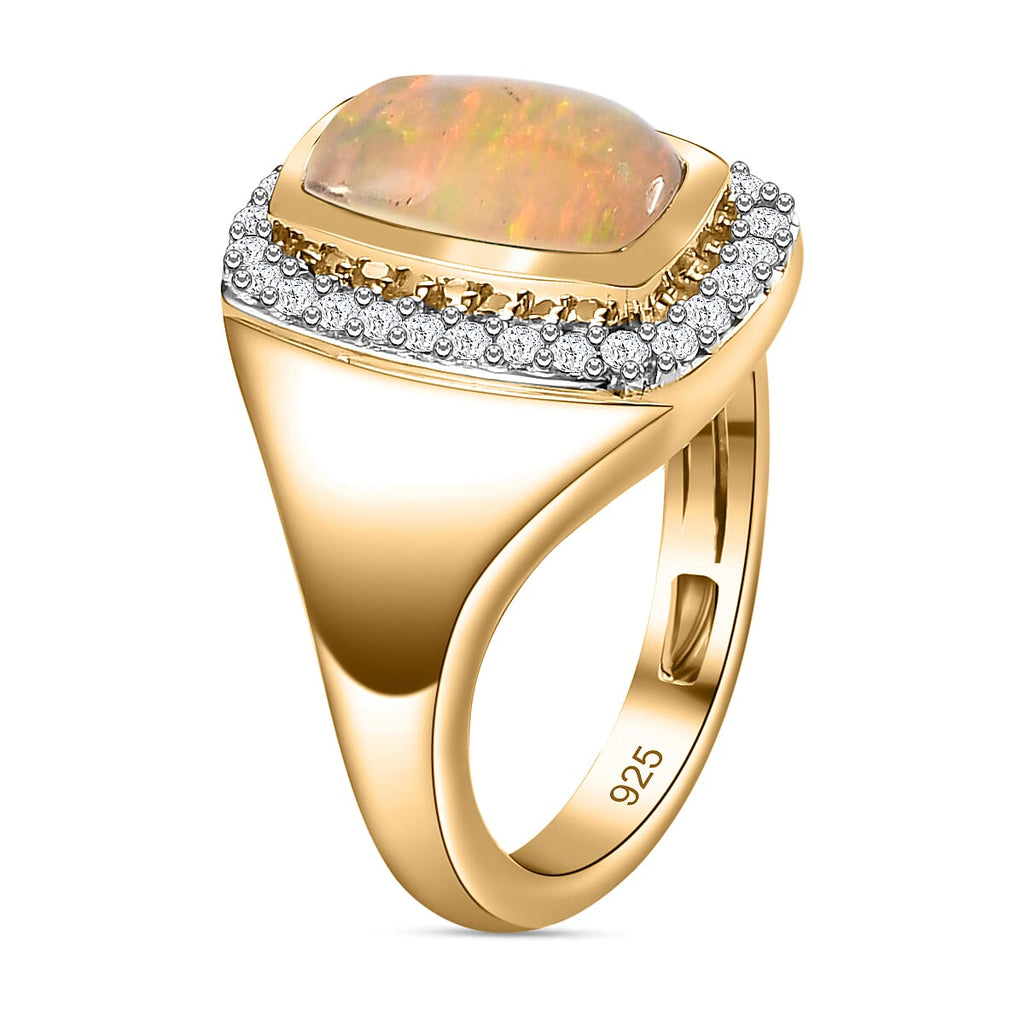 Ethiopian Welo Opal & Natural Zircon Mens Ring in 18K Vermeil YG Plated Sterling Silver 1.31 Ct, Silver Wt. 5.43 Gms