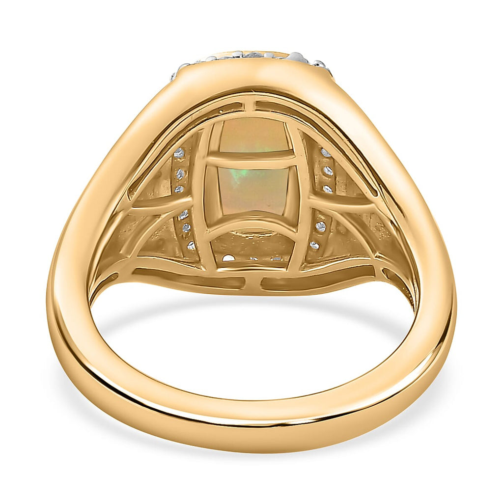 Ethiopian Welo Opal & Natural Zircon Mens Ring in 18K Vermeil YG Plated Sterling Silver 1.31 Ct, Silver Wt. 5.43 Gms