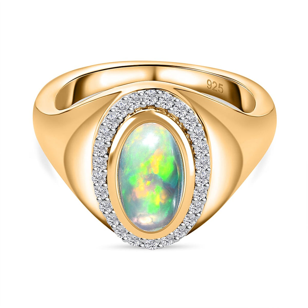 Ethiopian Welo Opal & Natural Zircon Ring in 18K Yellow Gold Vermeil Plated Sterling Silver 1.29 Ct