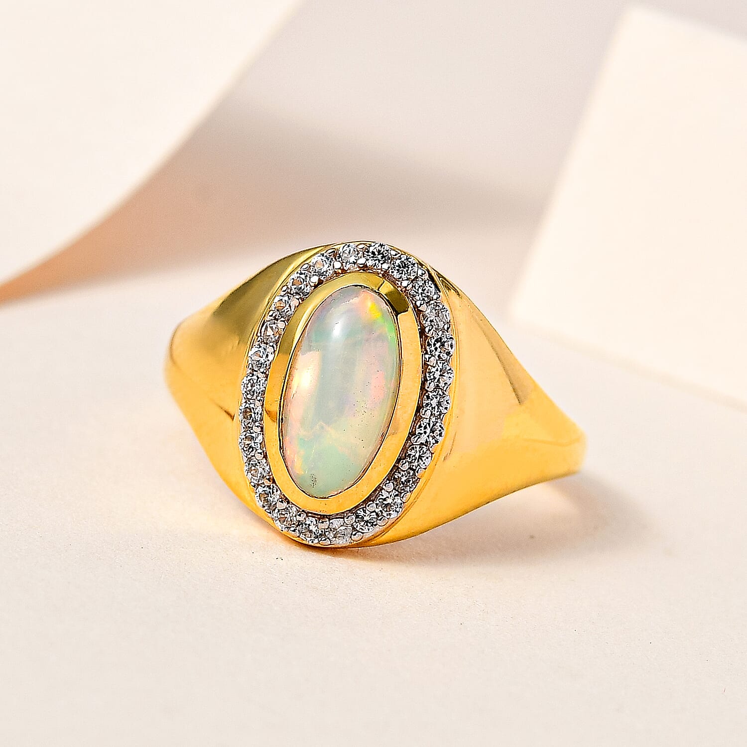 Ethiopian Opal And White Zircon Oval Halo Ring in 18K Vermeil Yellow Gold Sterling Silver 1.43 ct, Silver Wt. 5 Gms 1.286 Ct. 7661170 2