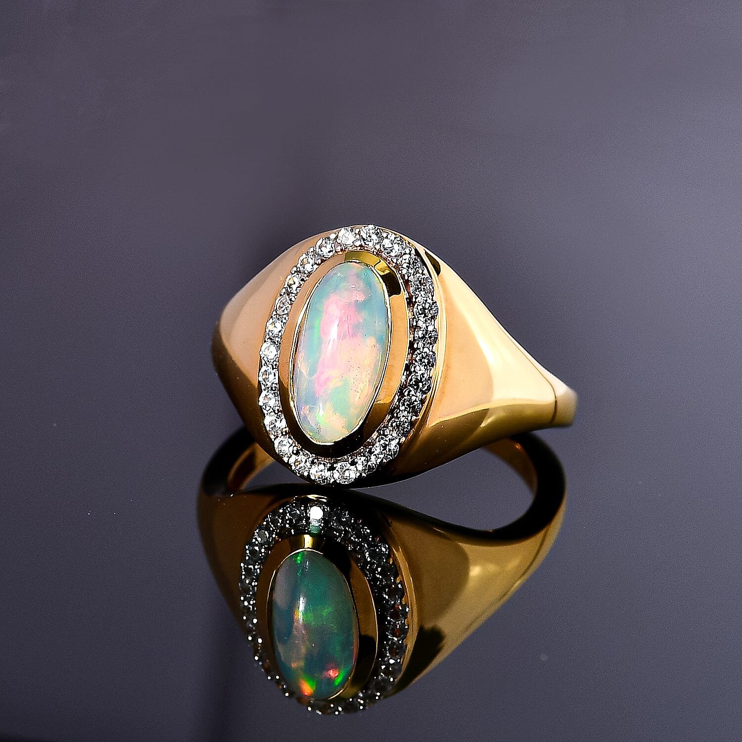 Ethiopian Opal And White Zircon Oval Halo Ring in 18K Vermeil Yellow Gold Sterling Silver 1.43 ct, Silver Wt. 5 Gms 1.286 Ct. 7661170 3