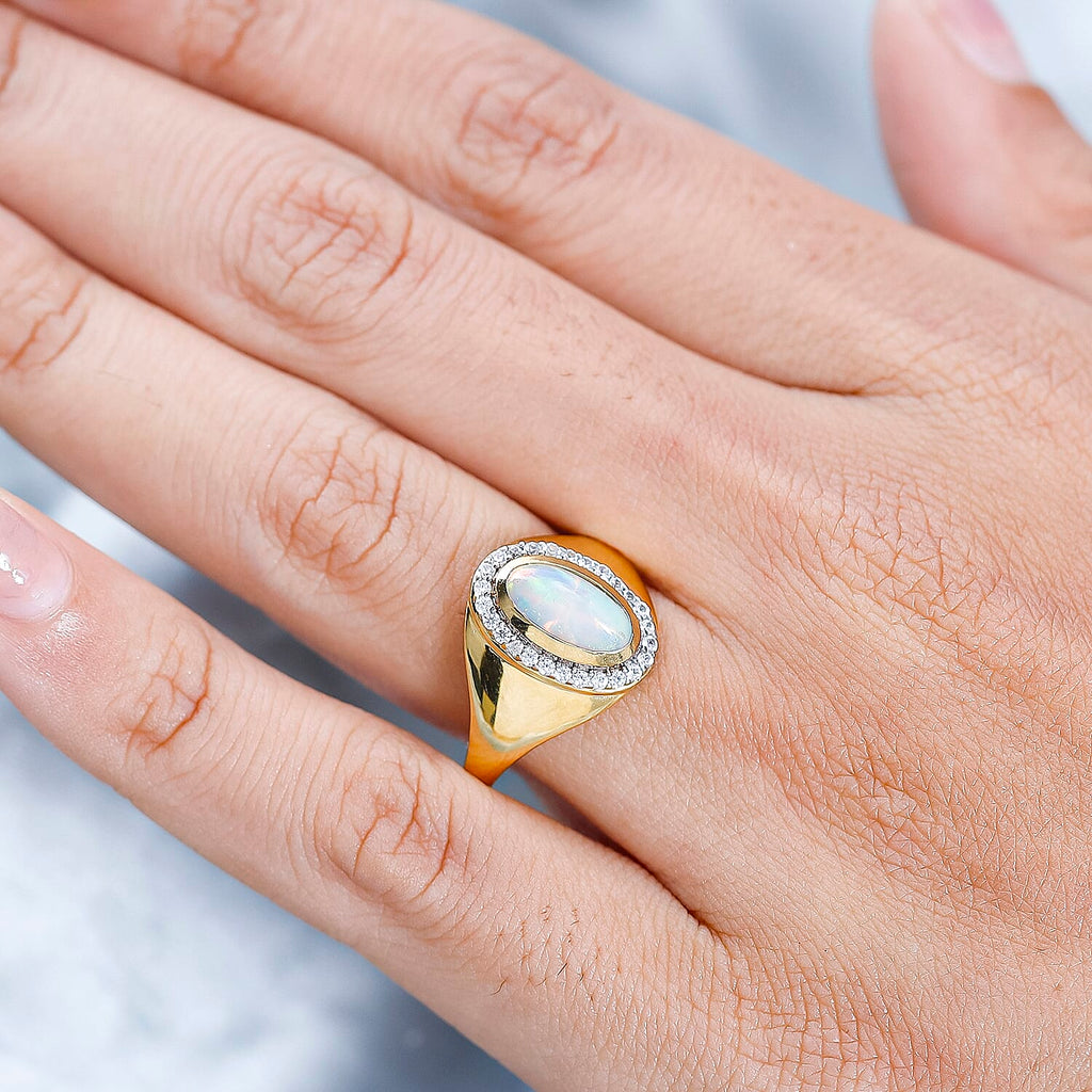 Ethiopian Welo Opal & Natural Zircon Ring in 18K Yellow Gold Vermeil Plated Sterling Silver 1.29 Ct