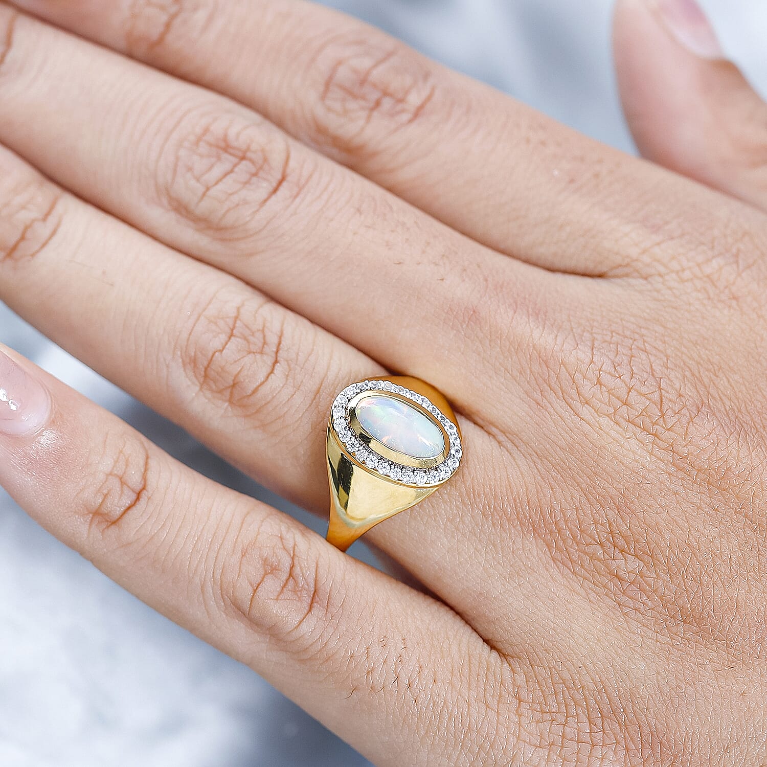 Ethiopian Opal And White Zircon Oval Halo Ring in 18K Vermeil Yellow Gold Sterling Silver 1.43 ct, Silver Wt. 5 Gms 1.286 Ct. 7661170 4