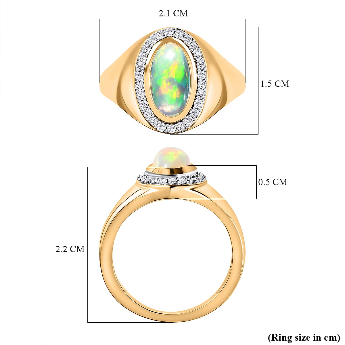 Ethiopian Opal And White Zircon Oval Halo Ring in 18K Vermeil Yellow Gold Sterling Silver 1.43 ct, Silver Wt. 5 Gms 1.286 Ct. 7661170 7