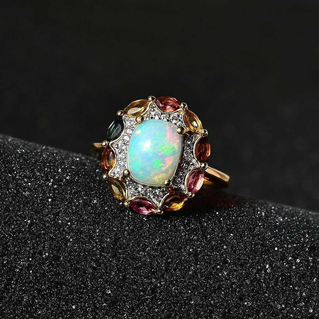 Ethiopian Welo Opal and Multi-Tourmaline Ring in 18K Vermeil Yellow Gold Plated Sterling Silver 2.30 Ct.