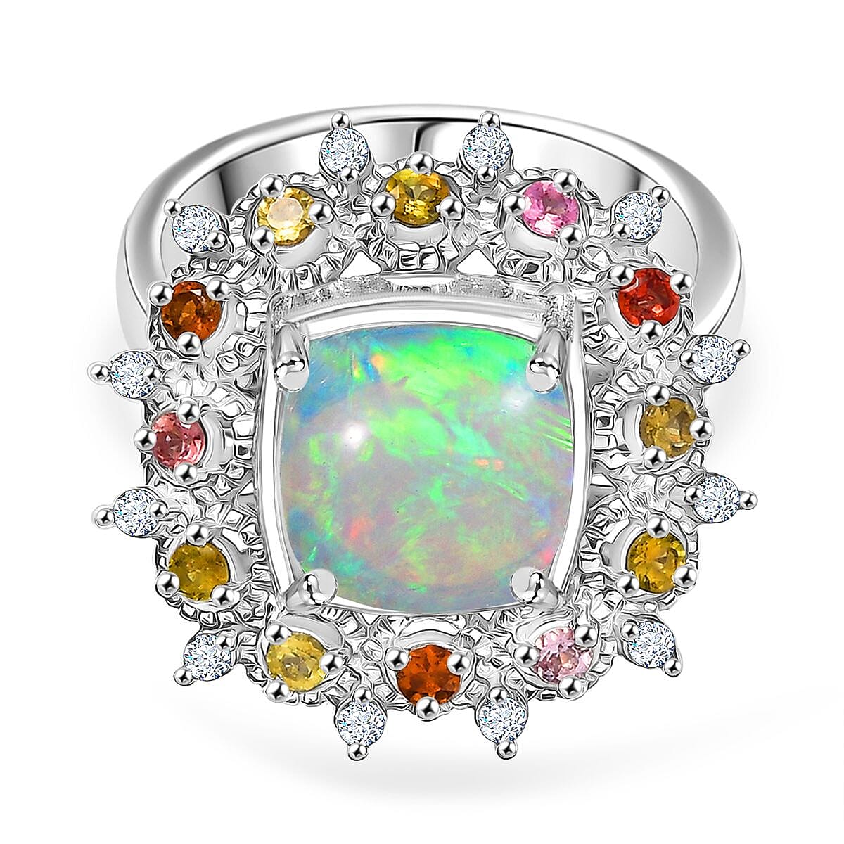 Ethiopian Opal, White Zircon and Multi-Tourmaline Cosmo Ring in Rhodium Overlay Sterling Silver 2.62 Ct. 8132295 0