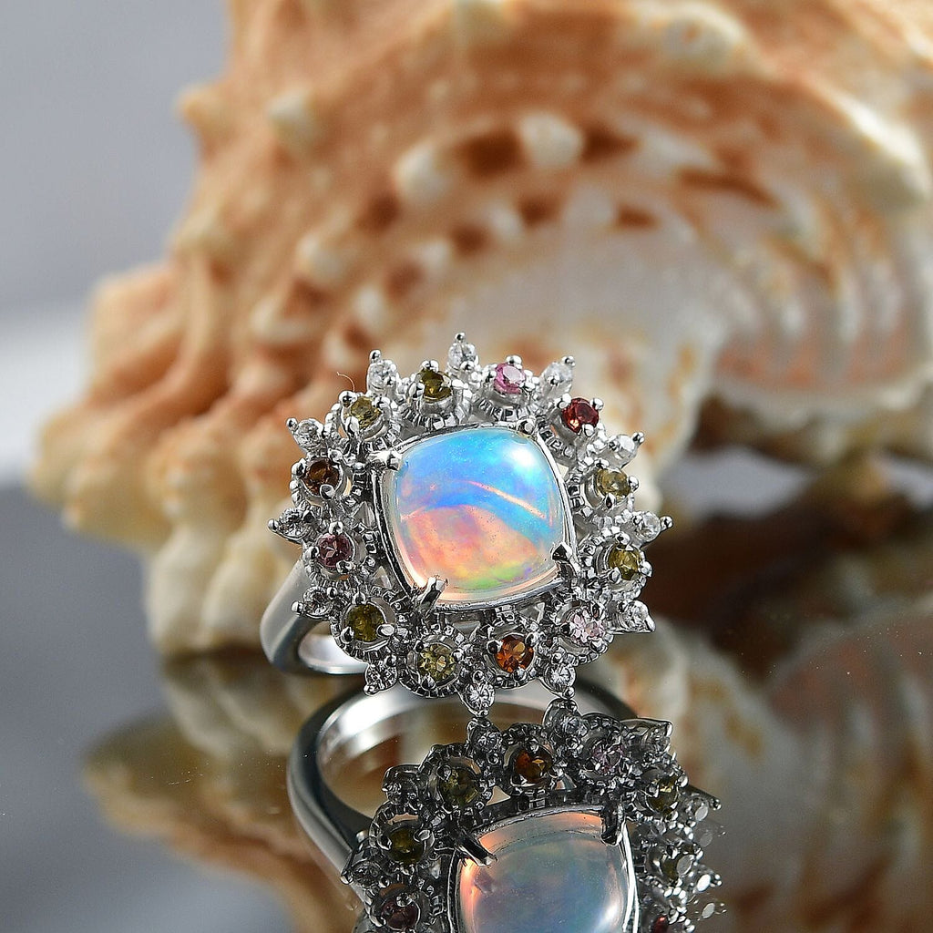 Ethiopian Opal, White Zircon & Multi-Tourmaline Cosmo Ring in Rhodium Overlay Sterling Silver 2.62 Ct.