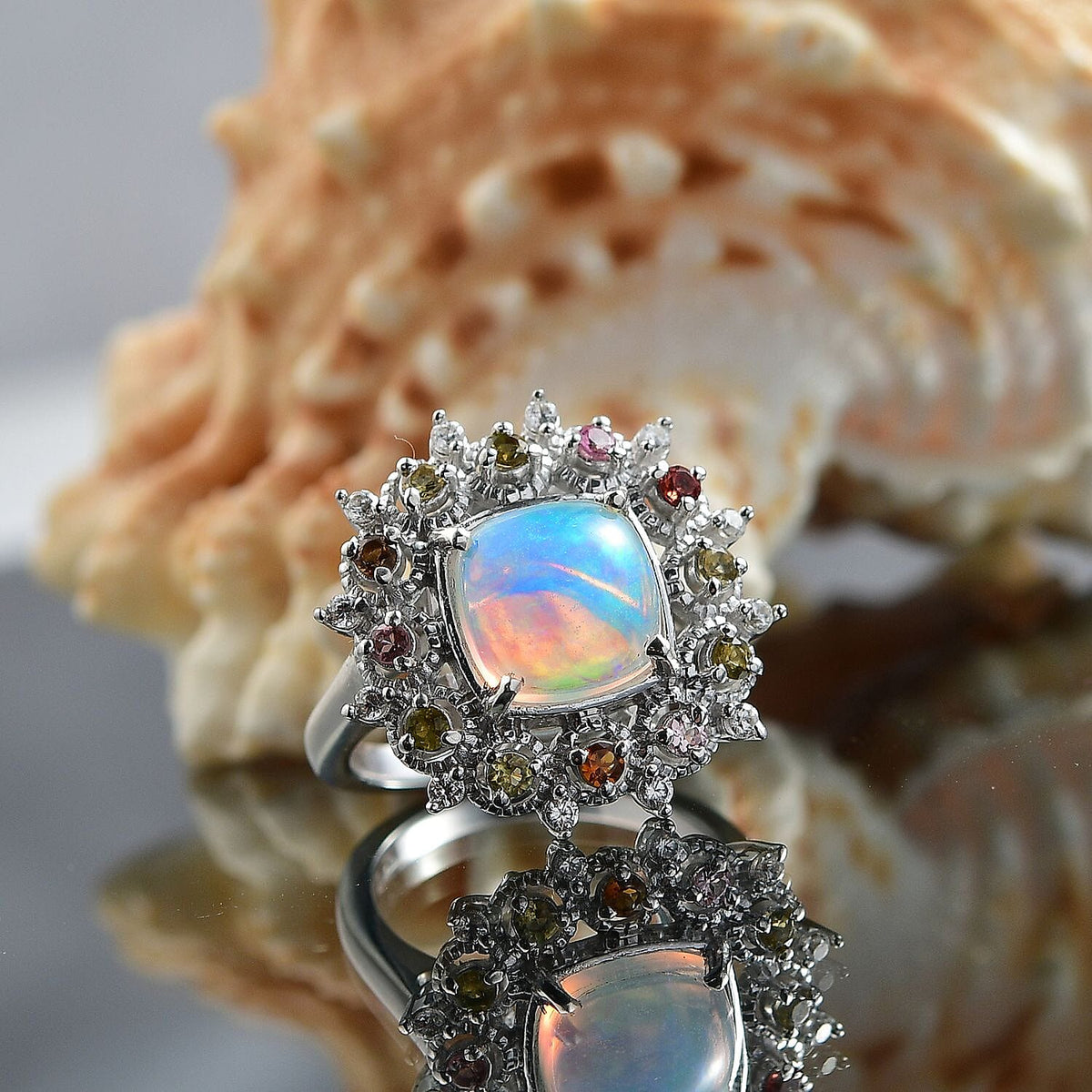 Ethiopian Opal, White Zircon and Multi-Tourmaline Cosmo Ring in Rhodium Overlay Sterling Silver 2.62 Ct. 8132295 2