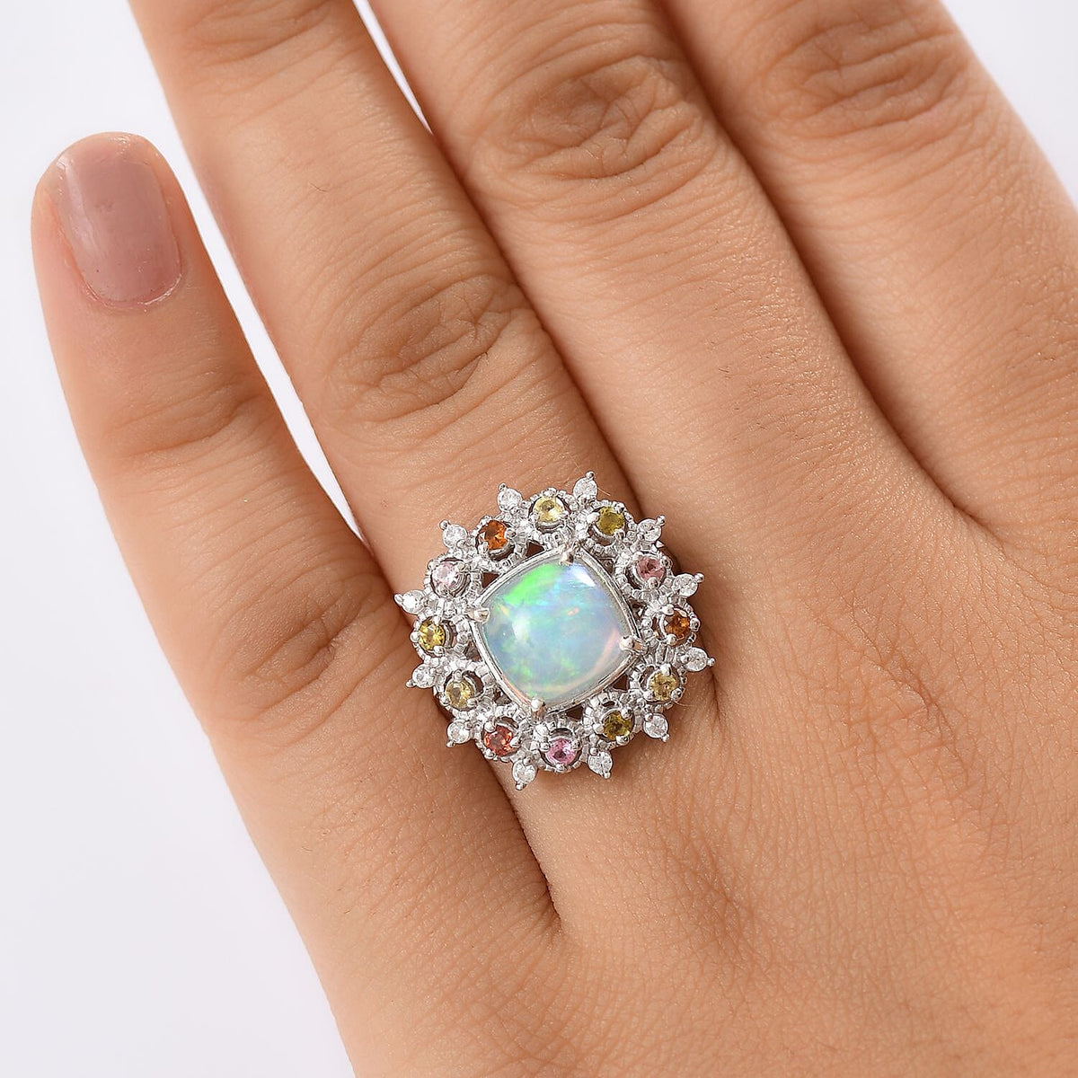 Ethiopian Opal, White Zircon and Multi-Tourmaline Cosmo Ring in Rhodium Overlay Sterling Silver 2.62 Ct. 8132295 3