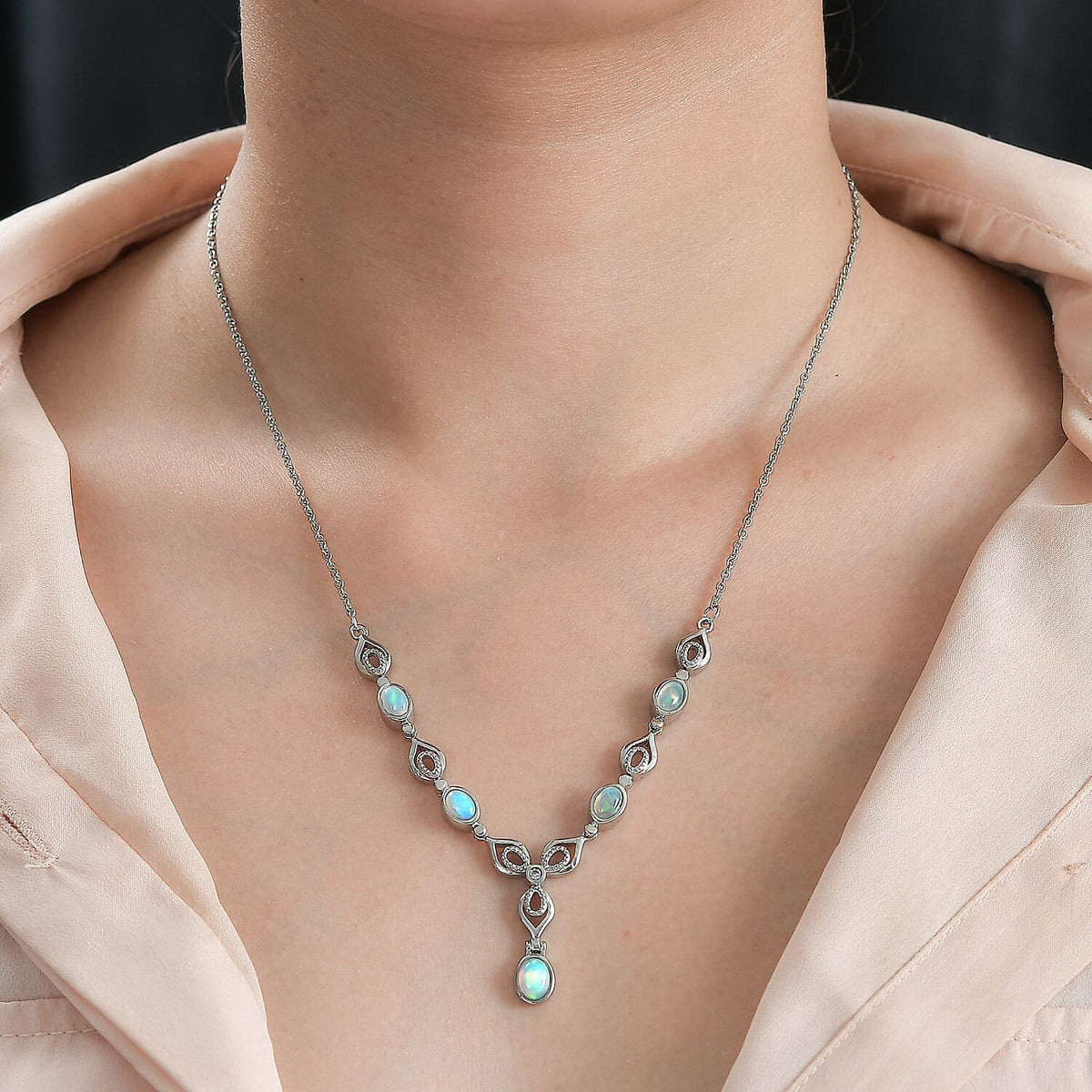 Ethiopian Opal, White Zircon Necklace with Magnetic Clasp (Size - 20) 1.84 Ct. 7954542 3