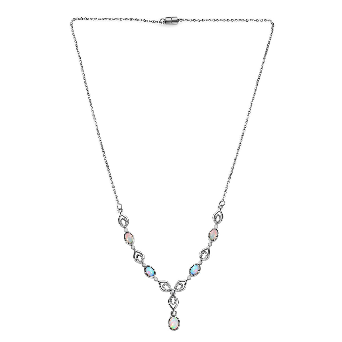 Ethiopian Opal, White Zircon Necklace with Magnetic Clasp (Size - 20) 1.84 Ct. 7954542 7