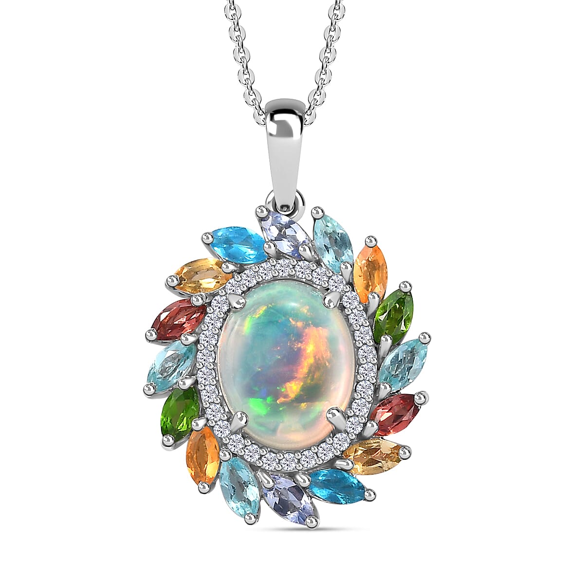 Ethiopian Welo opal and Multi gemstone Pendant with Chain (Size 20) in Platinum Overlay Sterling Silver 3.66 Ct. 4265685 0